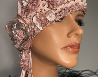 Pale Pink Sequins Wrap 1920s Hat Flapper Cloche Hat   Free shipping USA