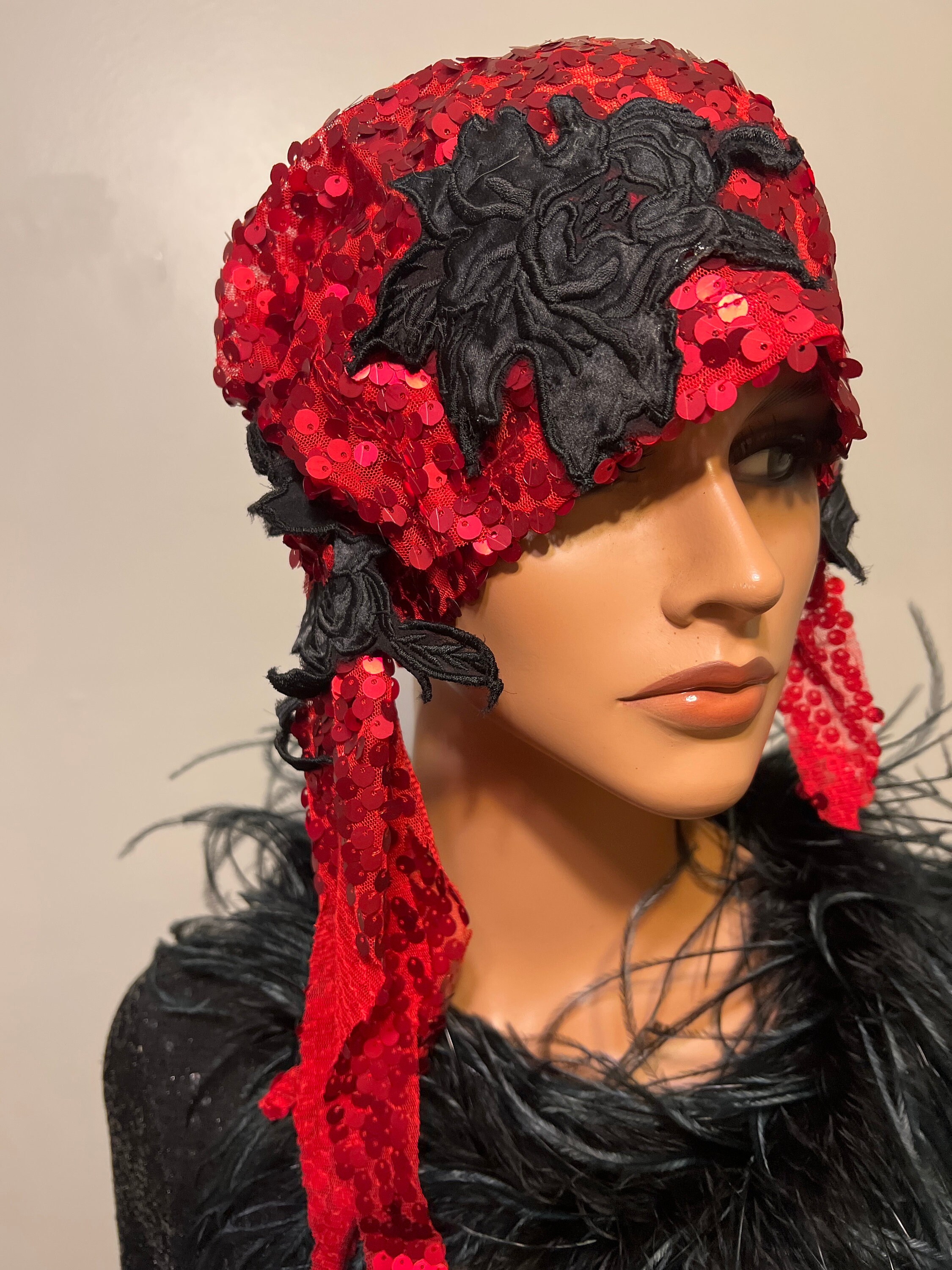 2 piece set Red  Flapper Hat  sequin embroidery Wrap 1920s  Cloche Hat Vintage 1920s Flapper Cloche Hat Metallic & Silk Embroidery  main image 3