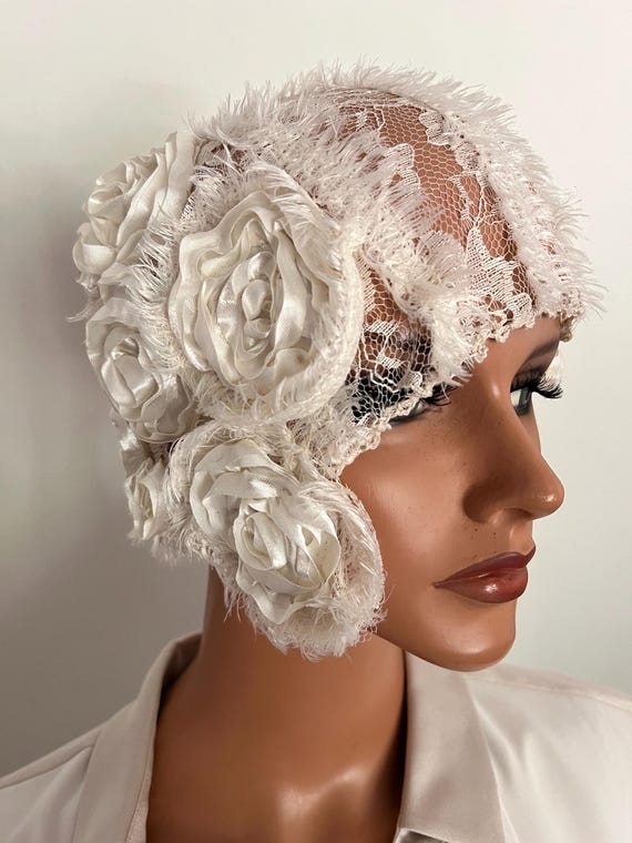 White Cloche Hat, Polar Pure Made In Italy Classic 20s Flapper Florals White Cloche Hat, Polar Pure Made In Italy Classic 20s  main image 4