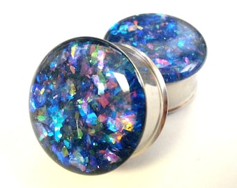 Blue Rain Holographic Plugs Double Flare or Single Flare sizes 00g - 2 Inches