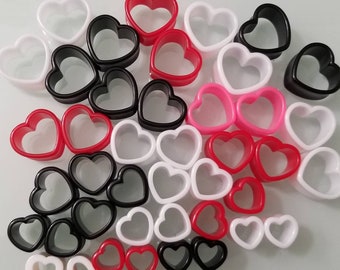 Black, White, Red Heart Plugs Choose your size and color!  5/8, 16mm, 3/4, 19mm, 7/8, 22mm Acrylic Heart Double Flare Plugs