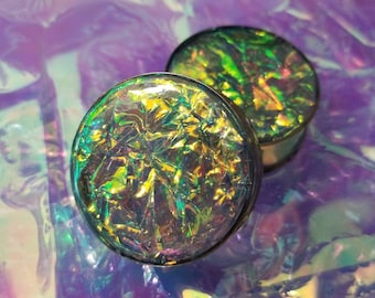 Fire Opal Plugs sizes 00g - 2 Inches Double Flare or Single Flare, Holographic Plugs, 24mm, 26mm, 32mm, 35mm, 36mm, 38mm, 44mm, 47mm