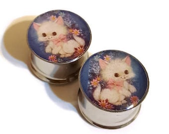 Cute Fluffy Cat Plugs Gauges 00g - 2 Inches Double Flare or Single Flare