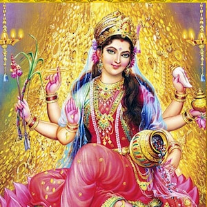 Aceite de perfume Lakshmi, diosa hindú de la riqueza y la prosperidad espiritual. Oud, crisantemo, jazmín, loto, narciso, naranja y frangipani.