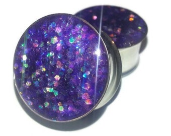 Grape Iris Plugs sizes 00g - 2 Inch Double Flare or Single Flare, Purple Holographic Plugs, Purple Glitter Plugs, Goth Plugs, Flesh Tunnels