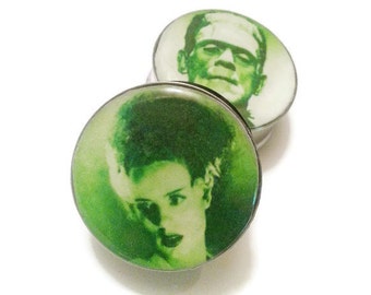 Green Frankenstein's Monster and His Bride Plugs Double Flare or Single Flare 00g - 2 Inches