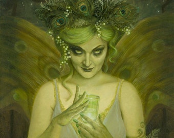 May include: A woman with green hair and a peacock feather headdress holds a glass of green liquid. She is wearing a white dress with a brown belt and a green fern on her arm.