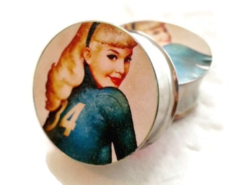 Blond Woman Vault Inspired Double Flare or Single Flare Plugs sizes 0g - 2 Inches