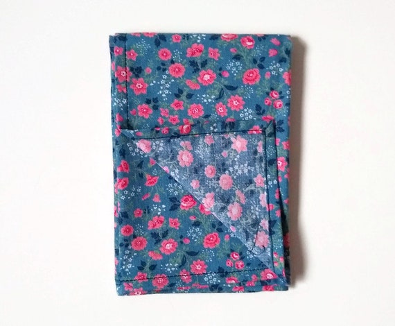 Set of 2 Block Print & Floral Cotton Pocket Square Handkerchief Pink Blue 13" 