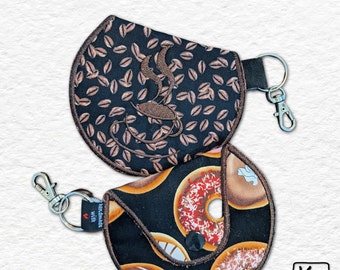 Pouch Keychain Gift Set 2 Fabric Coffee & Donuts Design Embroider Edge Coin Purse USB Card Earbud Holder Handmade Multiuse Keychain Gift