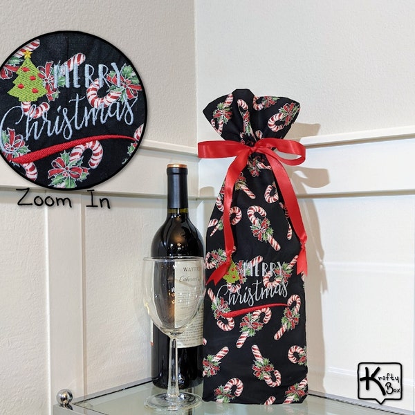 Wine Gift Bag Christmas Design Candy Cane Cotton Fabric Merry Christmas Sign Embroidery Design Reusable Festive Sweet Wine Bottle Gift Bag