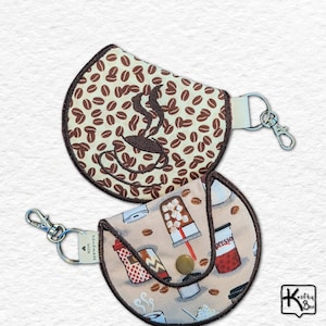 Pouch Keychain Gift Set 2 Fabric Coffee Cups & Beans Design Embroider Edge Cute Coin Purse USB Card Earbud Handmade Multiuse Keychain Gift