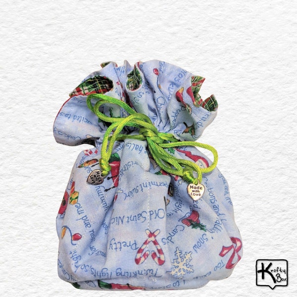 Drawstring Makeup Bag Medium Size Cute Christmas Theme Fabric Fully Lined with Pockets Inside Travel Makeup or Jewelry Pouch Unique Gift