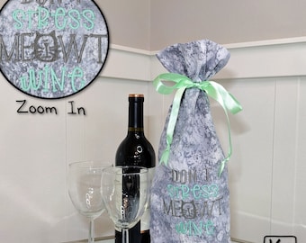 Wine Gift Bag Funny Cat Pun Don't Stress Meowt Wine Embroidered Design Grey Fabric Reusable Gift Bag for Wine Bottle Unique Cat Lover Gift