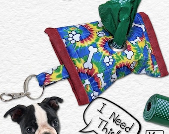 Dog Poop Bag Holder Cotton Fabric Tie Dyed Look Design Dog Waste Bag Dispenser Quilted Dog Accessory Doggie Bag Holder Cute Dog Lover Gift