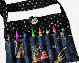Crayon & Coloring Bag for Kids Art Tote Cute Cat Fabric with Smiley Cat Shape Accent Button Kid Travel Activity Bag Unique Gift for Kids