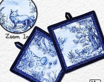 Pot Holder Set 2 Quilted Square Cotton Fabric Blue & White Landscape and Fox Design Handmade Square Potholder Pair Unique Kitchen Gift