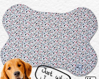 Large Dog Placemat Bone Shape Reversible Cotton Fabric Colorful Paw Prints Design Pet Food Station Mat Great for Feeding Time Cute Dog Gift