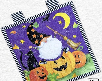 Halloween Quilted Wall Hanging Gnome Jack o Lanterns and Black Cat Design Handmade Cotton Fabric Wall Art Home Decoration Unique Gift