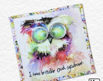 Quilted Desk Coaster Large Mug Rug Funny Owl Watercolor Animal Paint Design Fabric Square Placemat Unique Office Owl Gift