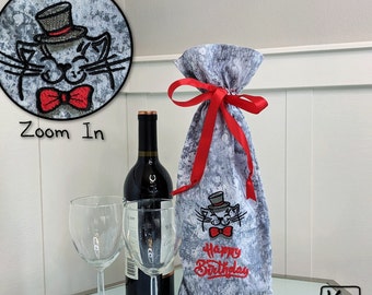 Wine Gift Bag Happy Birthday Cat Embroidered Design on Unique Gray Cotton Fabric Reusable Gift Bag for Wine Bottle Cute Birthday Wine Bag