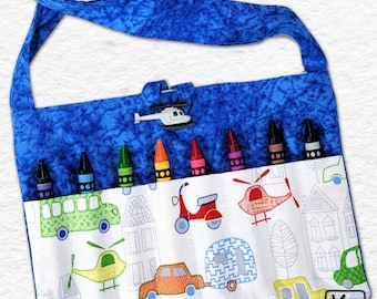 Crayon & Coloring Bag for Kids Art Tote Fun Vehicles Fabric with Helicopter Shape Accent Button Kid Travel Activity Bag Unique Gift for Kids