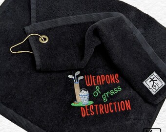 Black Golf Towel Soft Cotton Velour Embroidered Design Weapons of Grass Destruction Funny Sports Towel Handmade Unique Golfer Gift