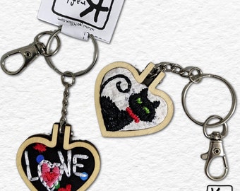 Embroidered Keychain Gift Set Black Cat & Love Sign Wood Heart Shaped Mini Embroidery Hoops Cute Purse Charm Unique Black Cat Lover Gift
