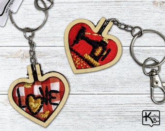 Gift Set 2 Mini Embroidered Keychains Handmade Heart Wood Mini Hoops With Vintage Sewing Machine & Love Mini Embroidered Designs Unique Gift