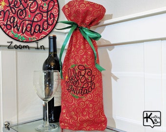 Wine Gift Bag Christmas Design Cotton Fabric Red & Gold Feliz Navidad Embroidery Design Reusable Festive Christmas Wine Bottle Gift Bag