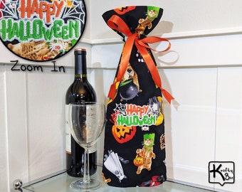 Wine Gift Bag Halloween Cats in Costumes Fabric Design Embroidered Happy Halloween Reusable Gift Bag for Wine Bottle Unique Cat Lover Gift