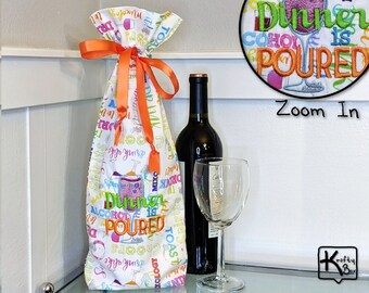 Wine Gift Bag Colorful Wine Cotton Fabric Funny Dinner is Poured Embroidery Design Reusable Unique Mixology Fabric Wine Bottle Gift Bag