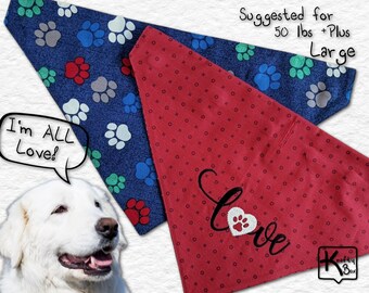 Dog Bandana Set Snap on Collar Cotton Fabric Embroidered Design Love Heart with Paw and Blue with Paw Prints Cute Dog Scarf Large Dog Gift