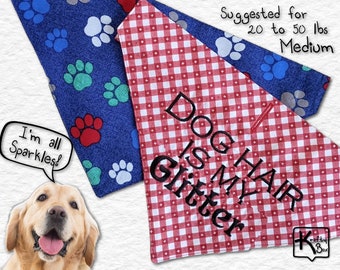 Dog Bandana Set Snap on Collar Cotton Fabric Embroidered Design Dog Hair Is My Glitter and Paw Prints Blue & Red Dog Scarf Medium Dog Gift