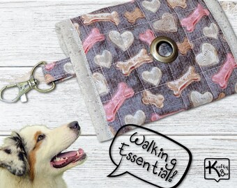 Dog Poop Bag Dispenser Fabric Quilted Cotton Hearts & Bones Design Waste Bag Holder Eco Friendly Dog Poop Baggie Carrier Perfect Dog Gift
