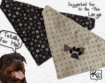 Dog Bandana Set Snap on Collar Cotton Fabric Embroidered Design Bone & Paw and Black with Brown Paw Prints Cute Dog Scarf Large Dog Gift