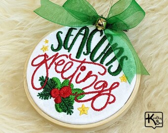 Embroidered Christmas Ornament Design Seasons Greetings Sign Bamboo Embroidery Hoop Sheer Bow & Mini Jingle Bell Great Keepsake Holiday Gift