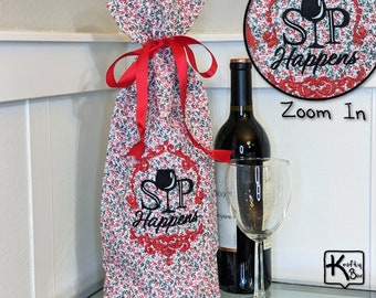 Wine Gift Bag Funny Embroidery Design Sip Happens Red & Black Vine Leaves Design Cotton Fabric Reusable Unique Fabric Wine Bottle Gift Bag