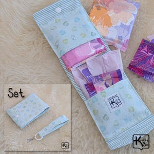 Handmade Privacy Pouch for Feminine Products & Fabric Keychain Teal Ocean Sea Shells Design Compact Size Period Wallet Unique Gift Set