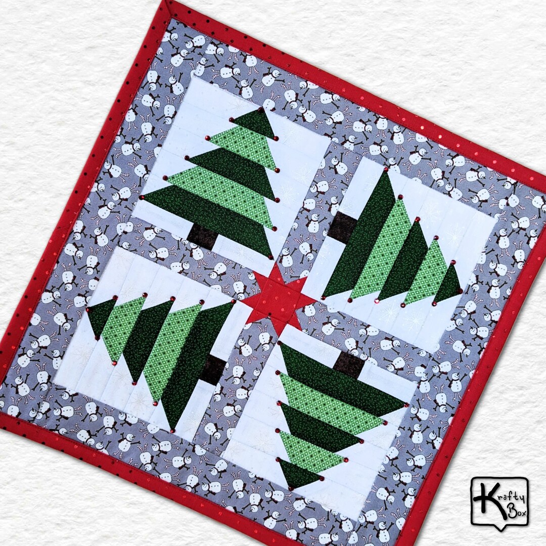 Quilted Table Topper Christmas Tree Design Cotton Fabric & Sparkles