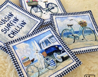 Quilted Coasters Large Mug Rugs Gift Set of 4 Beach Design Fun Summer Cotton Fabric Handmade Unique Beach House Gift