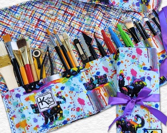 Rollup Holder Travel Case Black Cats Fabric Design Brush Roll Knitting Needles Crochet Hooks Crafting Tools Bag Unique Handmade Gift