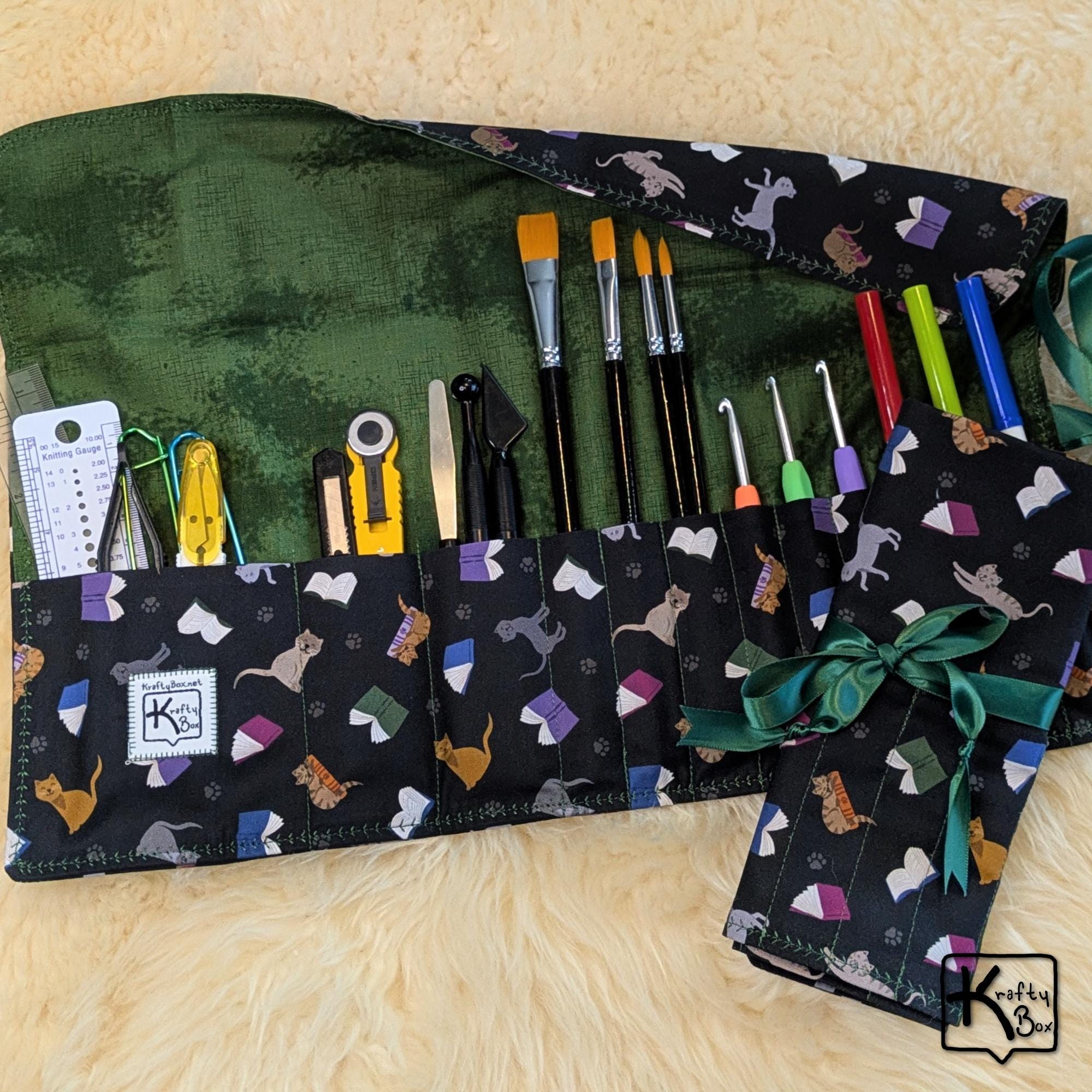 Rollup Holder Case Books & Cats Fabric Design Paint or Makeup Brush Roll Knitting Needles Crochet Hooks Crafting Tool Bag Cute Handmade Gift