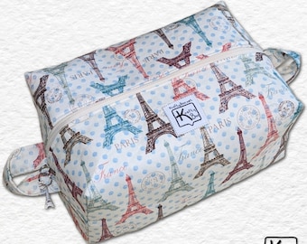 Makeup Bag Paris Eiffel Tower Design Cotton Fabric Boxy Bag for Cosmetics or Toiletries Lined Inside Handmade Travel Essentials Gift