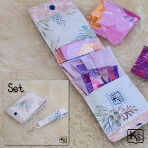 Handmade Privacy Pouch for Feminine Products & Fabric Keychain White and Pink Ocean Seaweed Design Compact Size Period Wallet Cute Gift Set