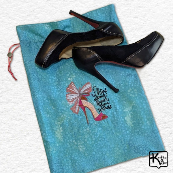 Travel Shoe Bag Flannel Lining Handmade Turquoise Color Embroidered Stiletto Shoe & Cute Shoe Quote Design Drawstring Bag Shoe Lover Gift