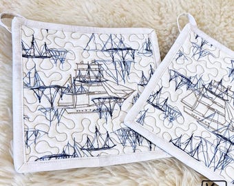 Pot Holders Set 2 Quilted Square Cotton Fabric Big Sailboats Ocean Theme Design Handmade Square Potholder Pair Unique Nautical Kitchen Gift