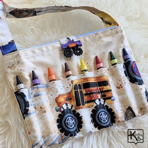 Crayon & Coloring Bag for Kids Art Tote Monster Truck School Bus Fabric with Truck Shape Accent Button Kid Travel Activity Bag Gift for Kids