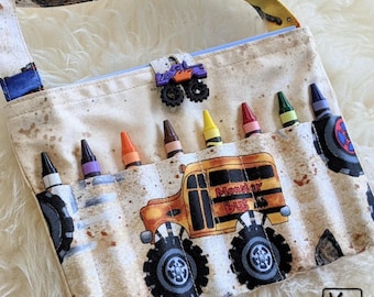 Crayon & Coloring Bag for Kids Art Tote Monster Truck School Bus Fabric with Truck Shape Accent Button Kid Travel Activity Bag Gift for Kids