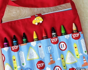 Crayon & Coloring Bag for Kids Art Tote Fun Traffic Signs Fabric with Car Shape Accent Button Kid Travel Activity Bag Unique Gift for Kids